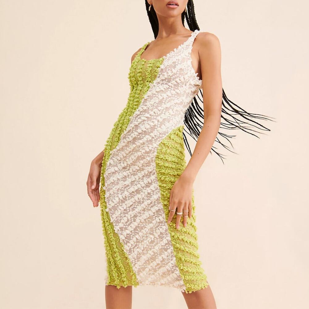 Selva Negra Lime Green White Textured Mesh Dress Size XL